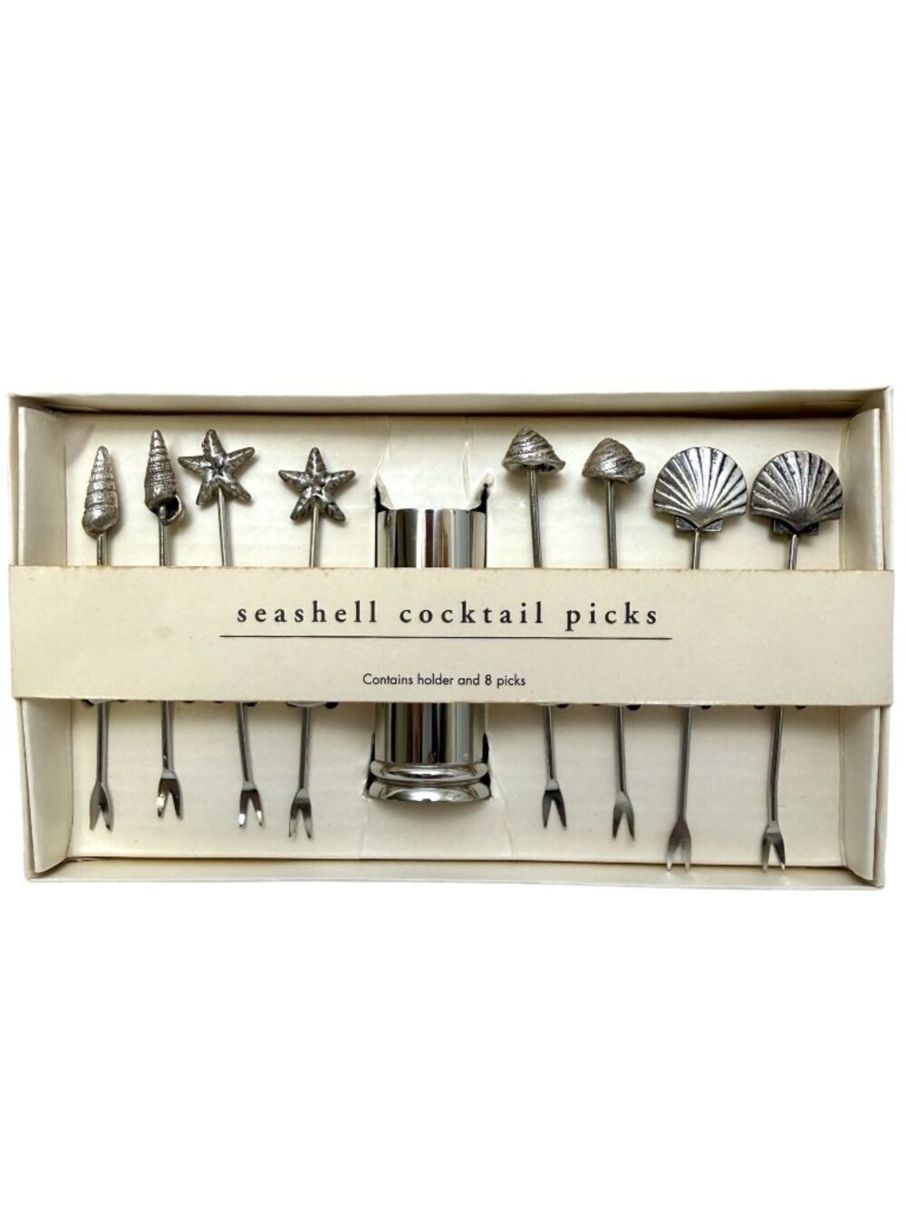 PIER 1 Seashell Cocktail Picks Set 8 with Holder Metal Charcuterie Forks New